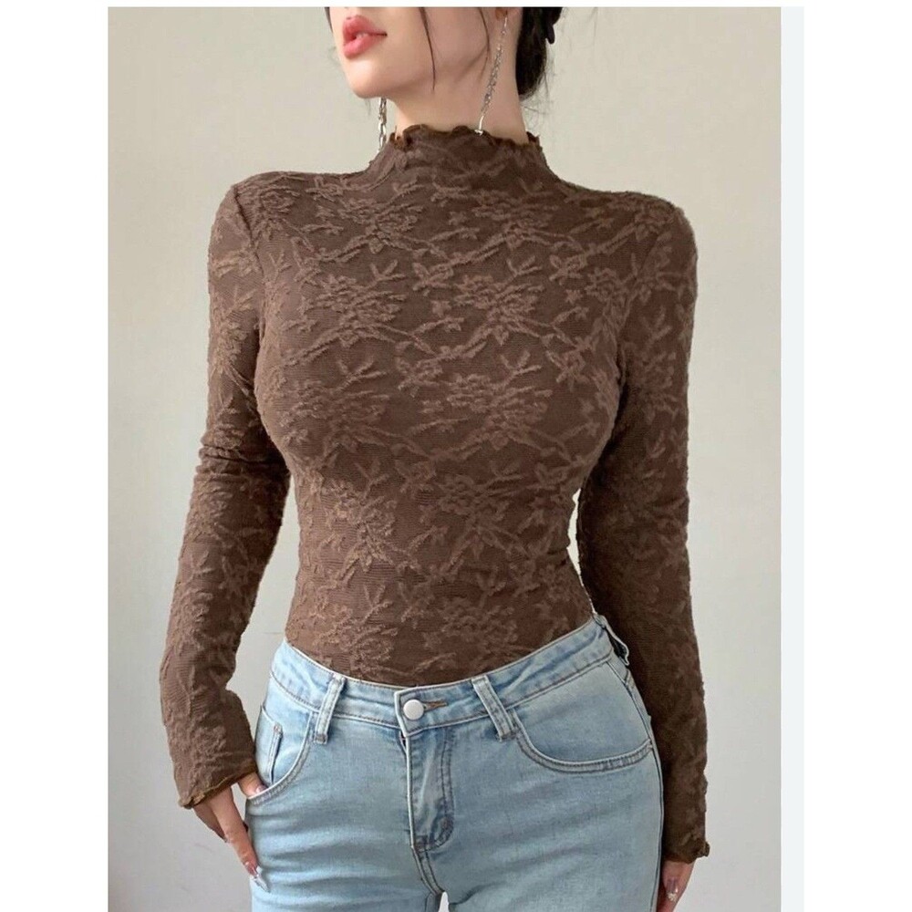 DAZY Women's Loose Casual Brown Lace Trim Floral Print Medium Long Sleeve Top